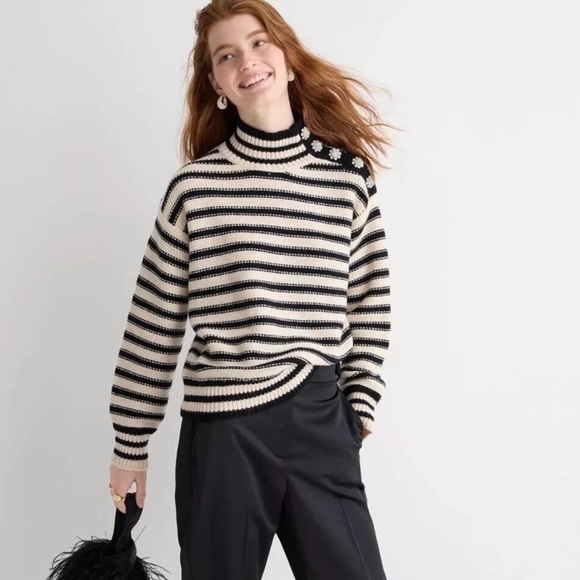 J. Crew Striped Mock Neck Black/Ivory Rhinestone Wool Blend Sweater Size Large - Picture 1 of 13